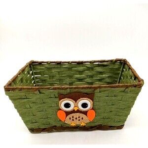 Country Farmhouse Decor 10" Green Woven Basket With Cute Owl Design
